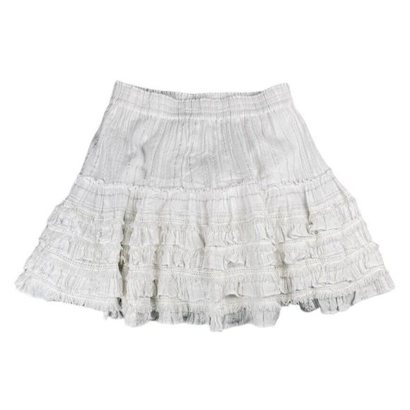 White Ruffle Elastic Waist Gold Lurex Fringe Boho Circle Mini Skirt Medium - Picture 1 of 16
